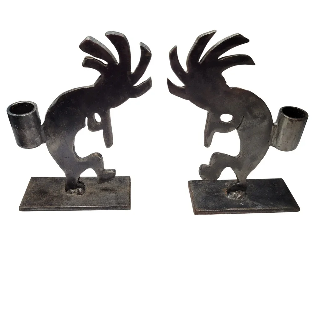Vintage Kokopelli Metal Candle Holders Pair Rustic Welded Steel Southwestern Art